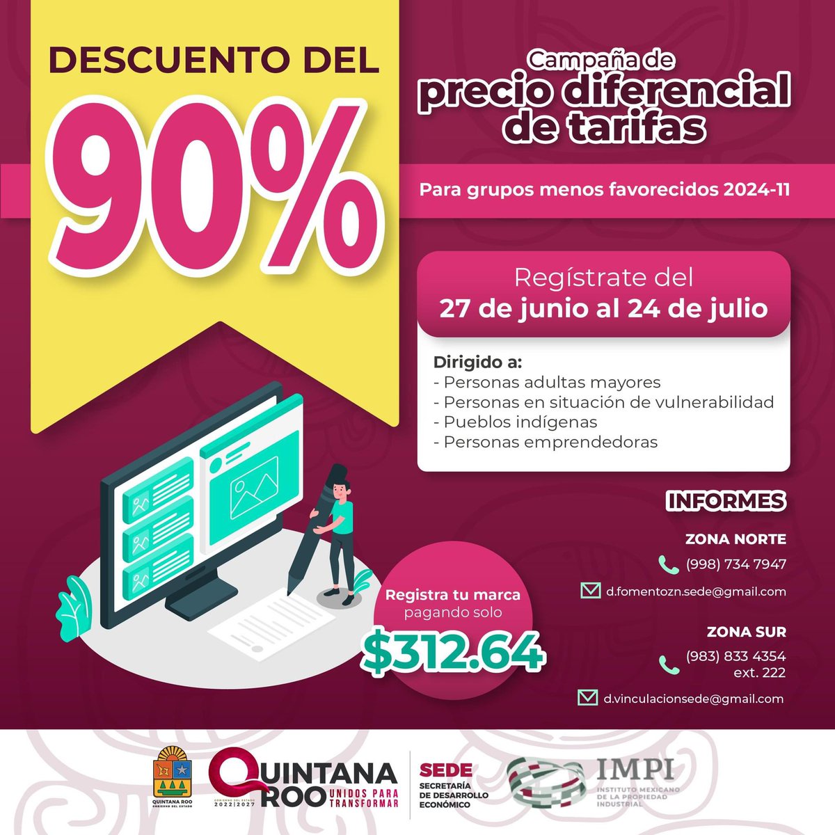 Si eres emprendedor o empresario quintanarroense, te invitamos a registrar tu marca ante el Instituto Mexicano de la Propiedad Industrial, para proteger la identidad de tu negocio. ®️