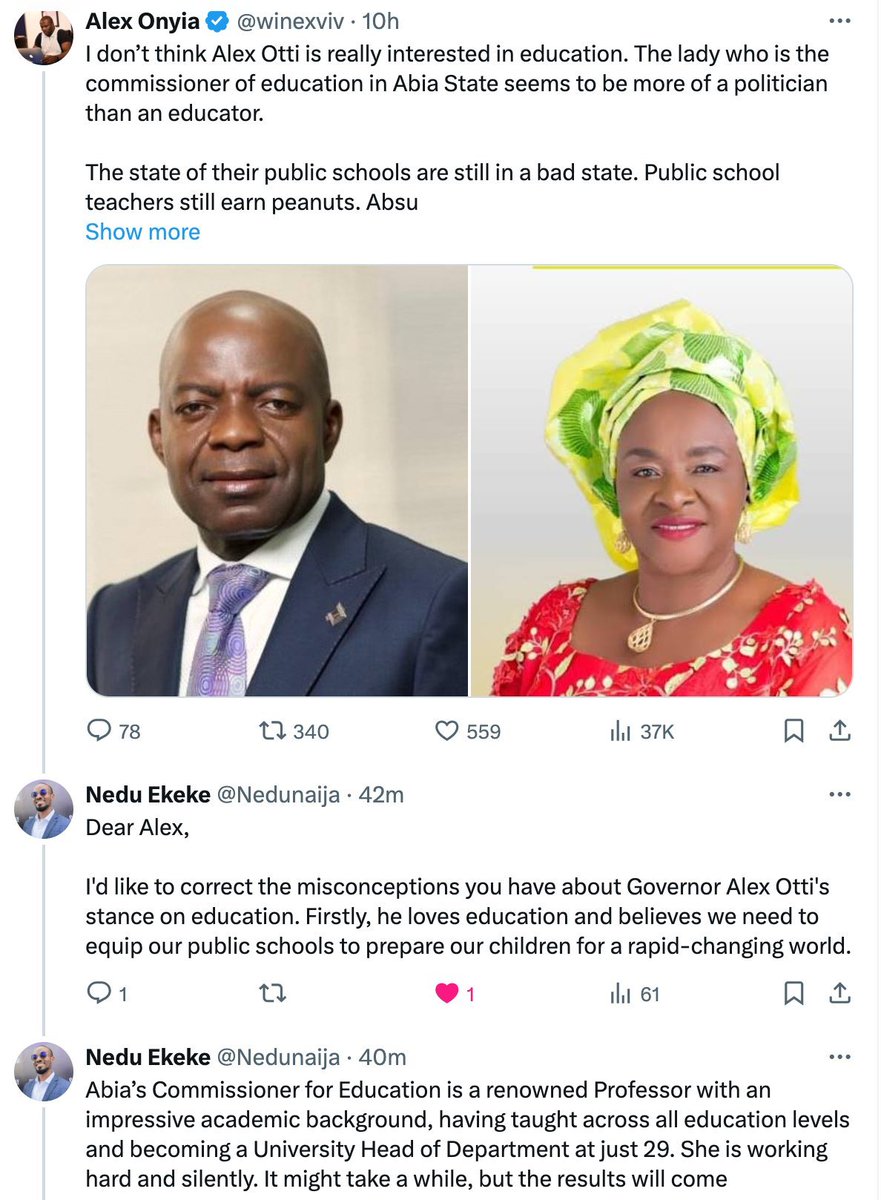 winexviv's tweet photo. Nedu Naija who is Abia State Deputy Chief of Staff has attempted to clarify that they are working on something for Education in Abia State. I will accept it in good faith and revisit this matter in a few months. Hopefully with results available.  

The SSA to Enugu State, Ebonyi State , Delta State  and Anambra State government should consider enrolling for a 7-week intensive media training course with Nedu as their instructor.  

Always remember as a public servant, you still answer to the public. Your salary comes from our hard earned taxes.