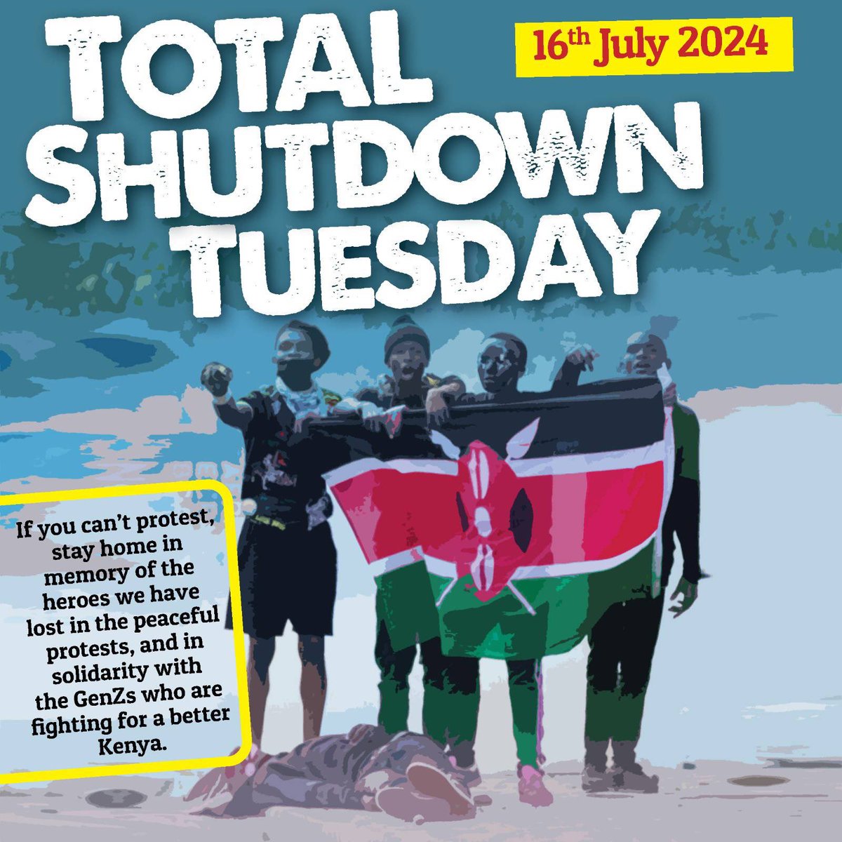 bonifacemwangi's tweet photo. If you can’t take part in the protests, stay home in memory of the heroes we have lost in the peaceful protests, and in solidarity with the GenZs who are fighting for a better Kenya. #RutoMustGo https://t.co/DhVJ0NYIN8