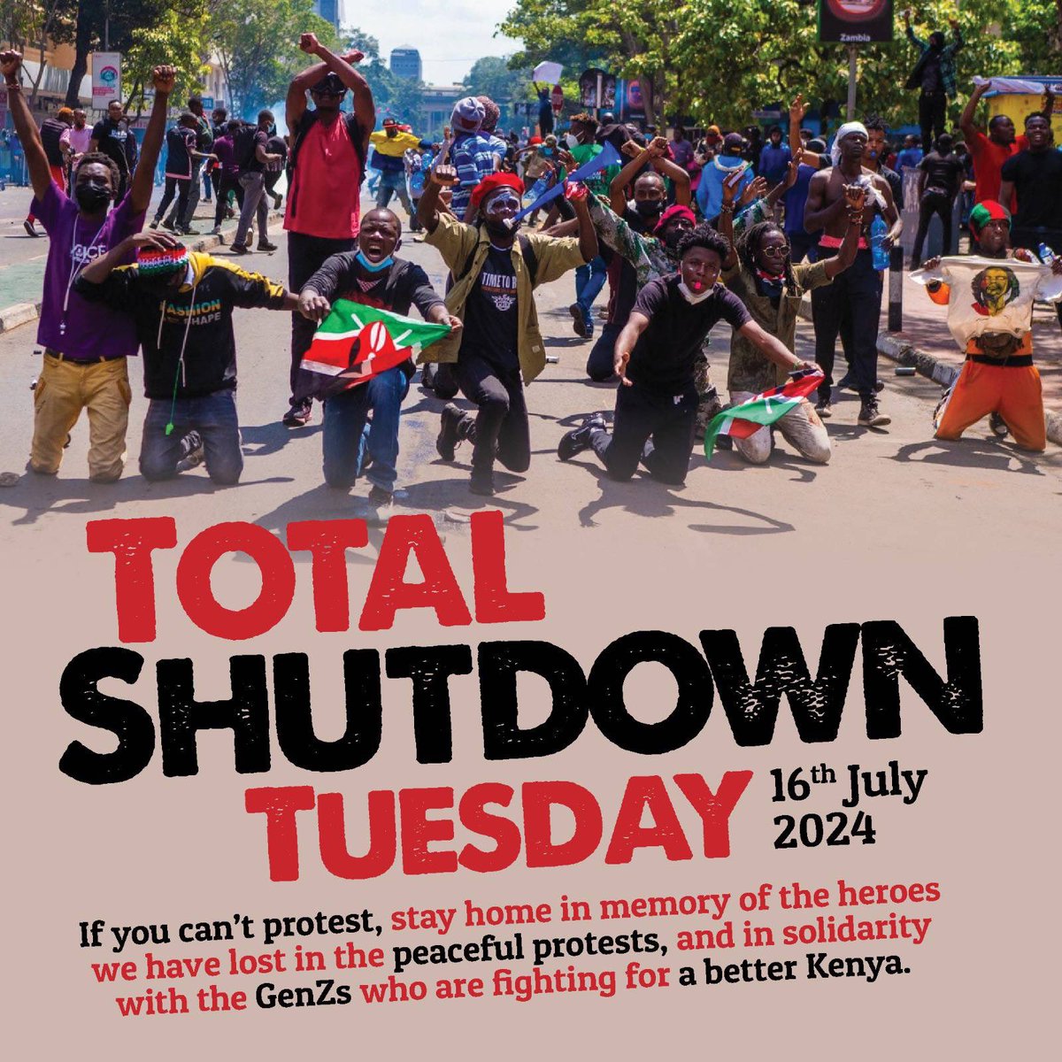 bonifacemwangi's tweet photo. If you can’t take part in the protests, stay home in memory of the heroes we have lost in the peaceful protests, and in solidarity with the GenZs who are fighting for a better Kenya. #RutoMustGo https://t.co/DhVJ0NYIN8