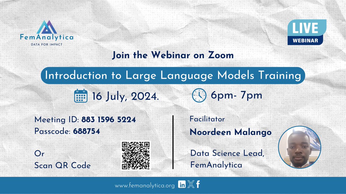 Join us for a webinar on "Introduction to Large Language Models" 

The training is open to anyone interested in learning how AI is used in language processing, automation, and data analysis.

Join us today on July 16, 2024 at  6-7 PM CAT
Link: bit.ly/3S0XPNq