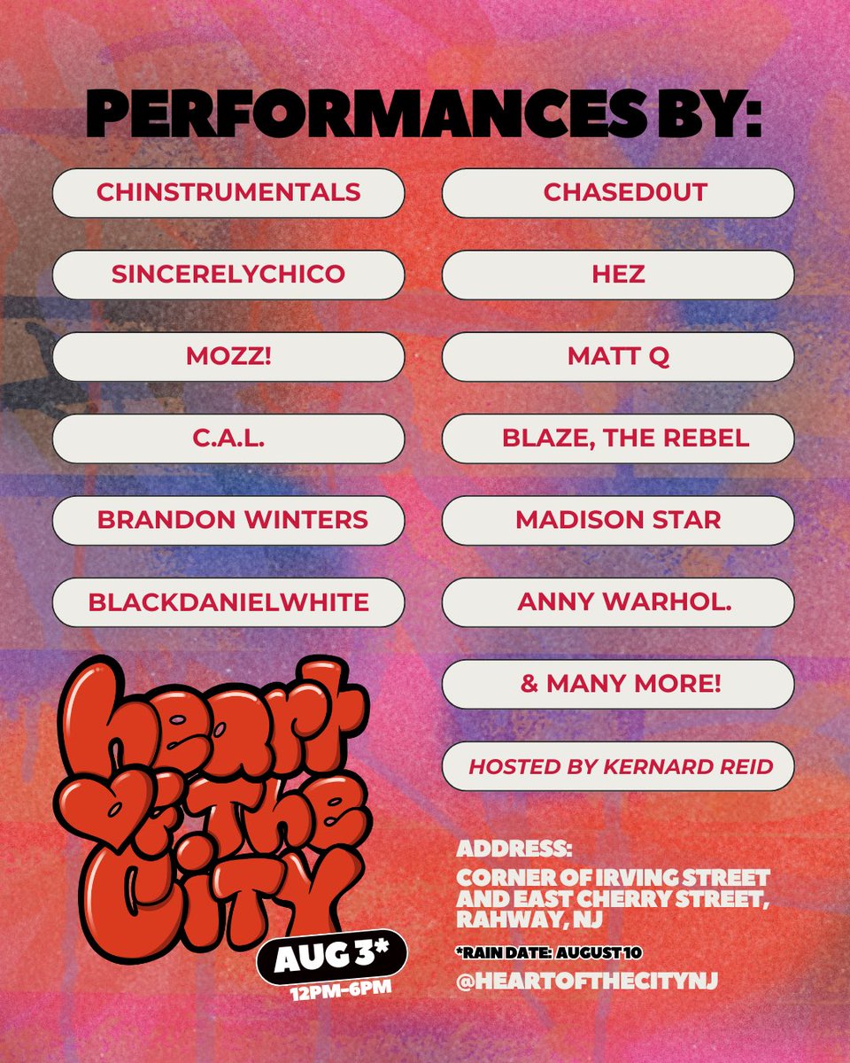 Hi!

I produce an annual music festival in my hometown of Rahway, NJ called Heart of the City. We’re celebrating local Black and brown artists, vendors, and the joy that comes with. 
 
I’m so grateful to have <a href="/CityofRahway/">City of Rahway</a> backing this vision once again.

eventbrite.com/e/heart-of-the…