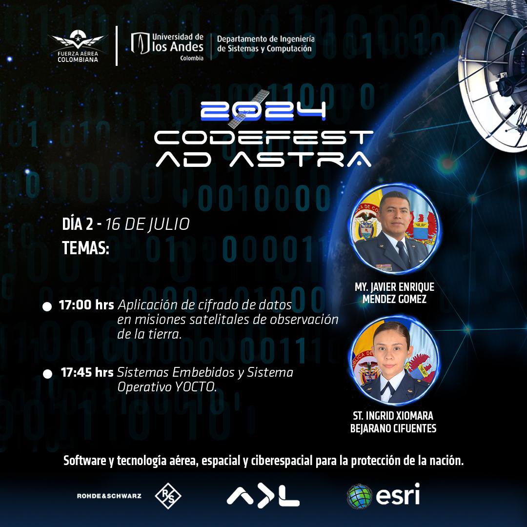 FuerzaAereaCol's tweet photo. Participa en el segundo día de charlas del #CodefestADASTRA2024. 

🗓️ 16 de julio 2024
⏰ 05:00PM
➡️ https://t.co/Z486vUFFfd

📢ID de reunión: 89286838488

#AdAstra🚀
#SiempreFirmes https://t.co/2oCFxNZPzB