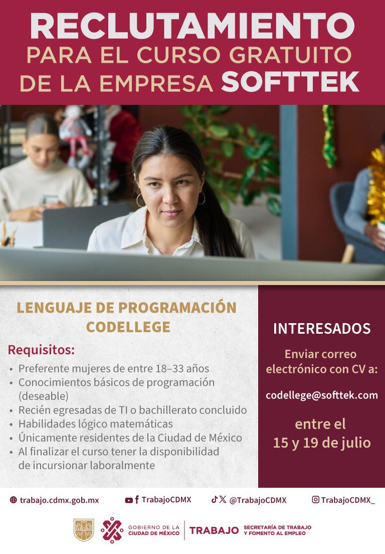 TrabajoCDMX's tweet photo. ¡Capacítate!🧑🏽‍💻
✅#CodellegeBySofttek ofrece curso gratuito de programación Codellege y la oportunidad de laborar con ellos. Inscríbete del 15 al 19 de julio.
✉️Envía tu CV a codellege@softtek.com y verifica los requisitos de programación básica que requieren.
#TrabajoEnLaCiudad https://t.co/LORDcWP9U5