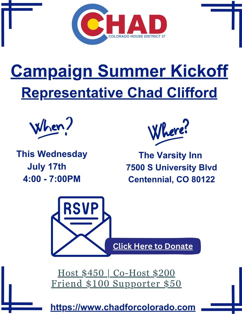chadclifford's tweet photo. I need your support to continue serving as your State Representative. Please join us for my Summer Kickoff Fundraiser this Wednesday!

If you are unable to attend, please use this link to donate or RSVP.
Please share this invitation with your family and friends!

https://t.co/R8Y3RcnJz1