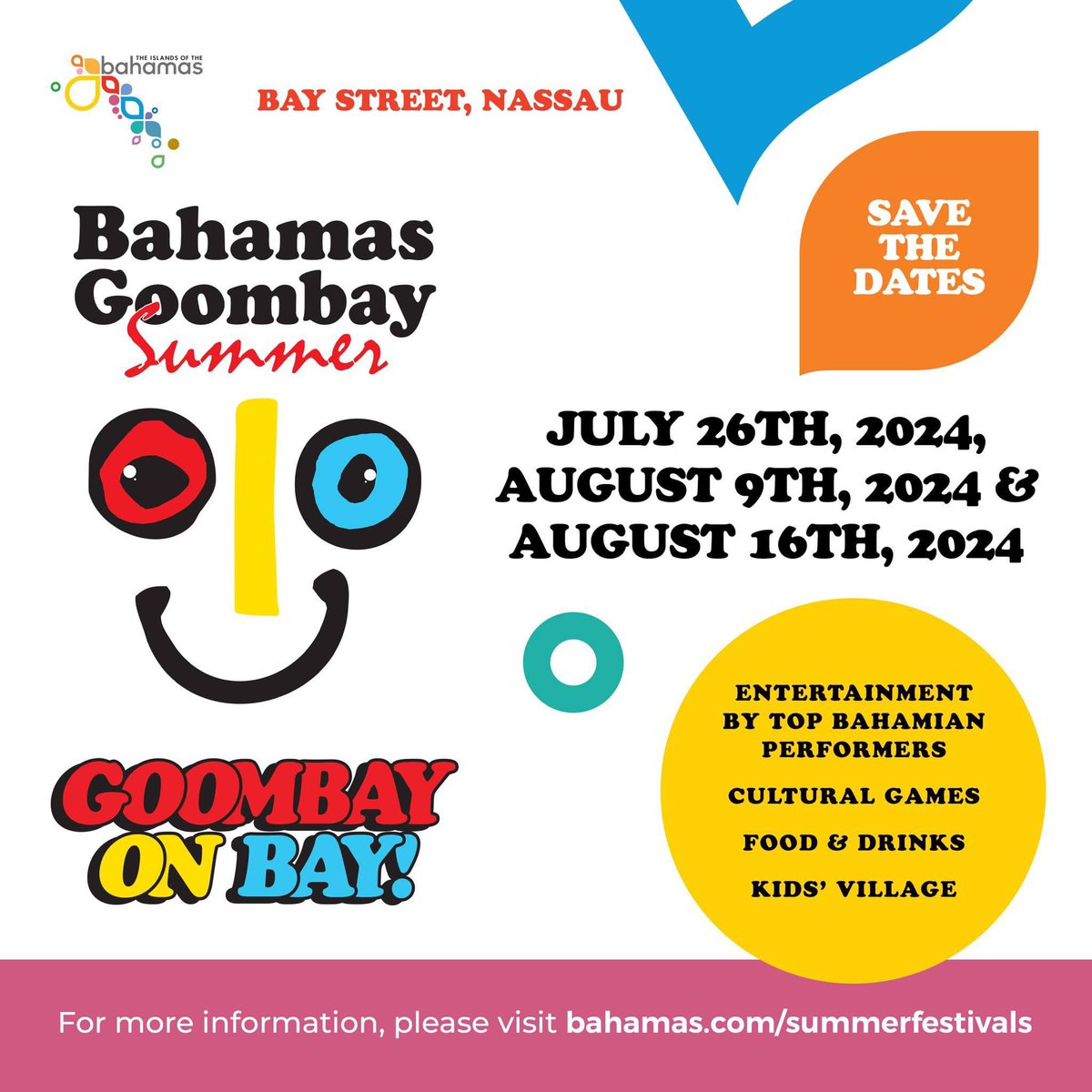 Don’t miss out on this unforgettable experience! <a href="/tourismtoday242/">Tourism Today</a> 
Goombay Summer Festival is Back On Bay! 🎶🇧🇸🎶
🗓️ When? July 26th, Aug 9th and 16th from 5 PM - 12 AM📍 Where? Bay Street #Nassau #Bahamas 
facebook.com/share/p/qCornL…