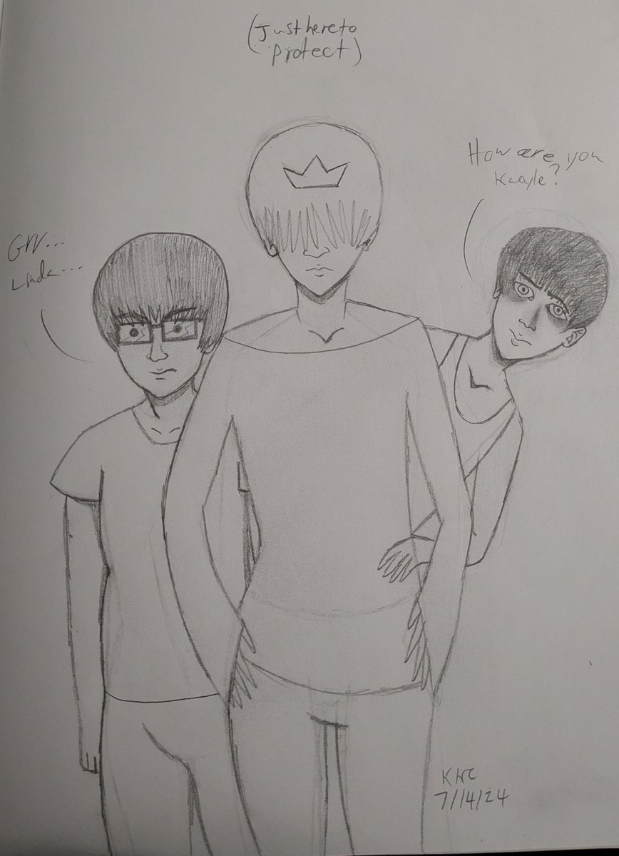KaeyleC's tweet photo. At the top of the page it reads, "Linda (crossed out)" followed by, "How am I?"
Norm growls, "Grr.... Linda..."
Fred asks, "How are you Kaeyle?"
Jared has a note above his head stating he is, "Just here to protect."
#drawing #art https://t.co/YbKjYJ3Vmo