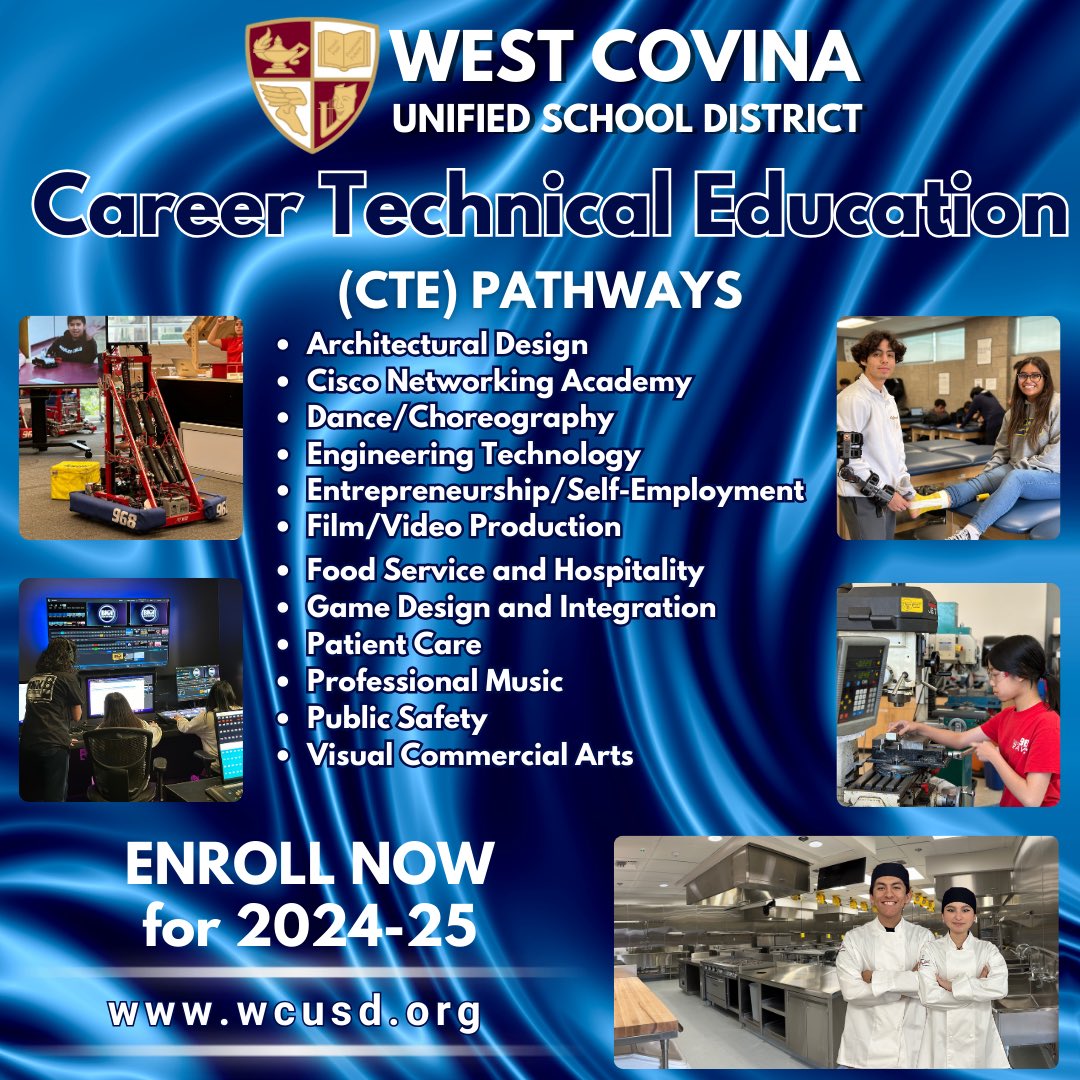 WestCovinaUSD's tweet photo. Discover WCUSD's Career Technical Education (CTE) pathways and open doors to exciting opportunities! Visit https://t.co/oLZIa2KA4D to learn more and enroll in our award winning schools for the 2024-25 school year! https://t.co/Jw4Np25W9i