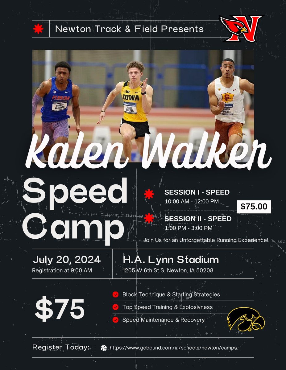 Elite Speed Camp Registration Link 
gobound.com/ia/schools/new…

Coach Garvis is excited to announce that Kalen Walker will be spearheading a camp for high school athletes in Newton on July 20th. His notable achievements include:
🏆 60m National Runner-up
🏆 3x  All-American
🏆