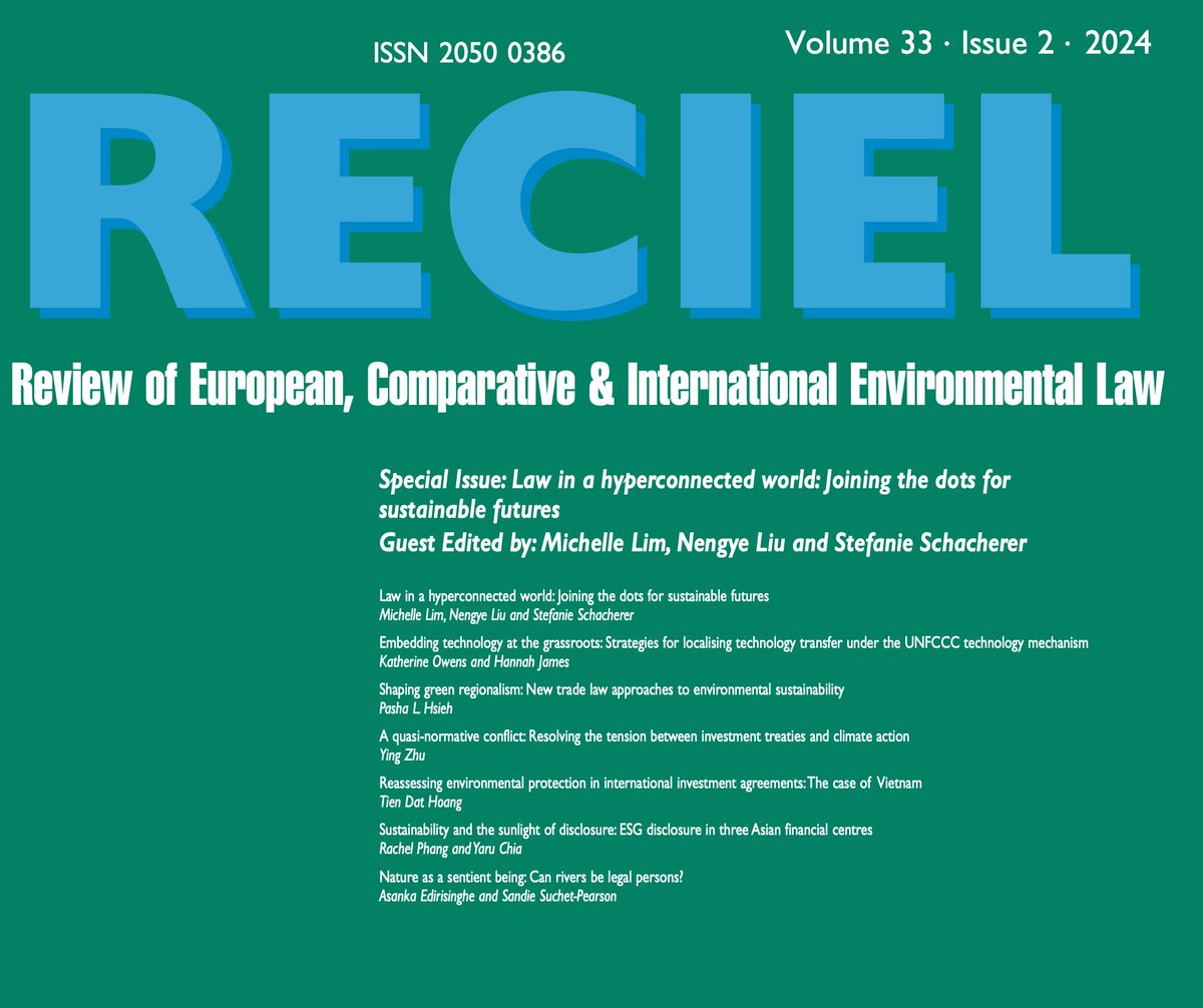 RECIEL (@recieljournal) on Twitter photo Volume 33(2) of the @RECIELJournal is now live! 
Spotlighting our Special Issue: Law in a Hyperconnected World: Joining the Dots for Sustainable Futures, guest-edited by <a href="/FutureEnvLaw/">Michelle Lim 林美玲</a> @NengyeLiu and <a href="/stef_schacherer/">Dr Stefanie Schacherer</a> 
buff.ly/3zSKsIT Volume 33(2) of the @RECIELJournal is now live! 
Spotlighting our Special Issue: Law in a Hyperconnected World: Joining the Dots for Sustainable Futures, guest-edited by <a href="/FutureEnvLaw/">Michelle Lim 林美玲</a> @NengyeLiu and <a href="/stef_schacherer/">Dr Stefanie Schacherer</a> 
buff.ly/3zSKsIT