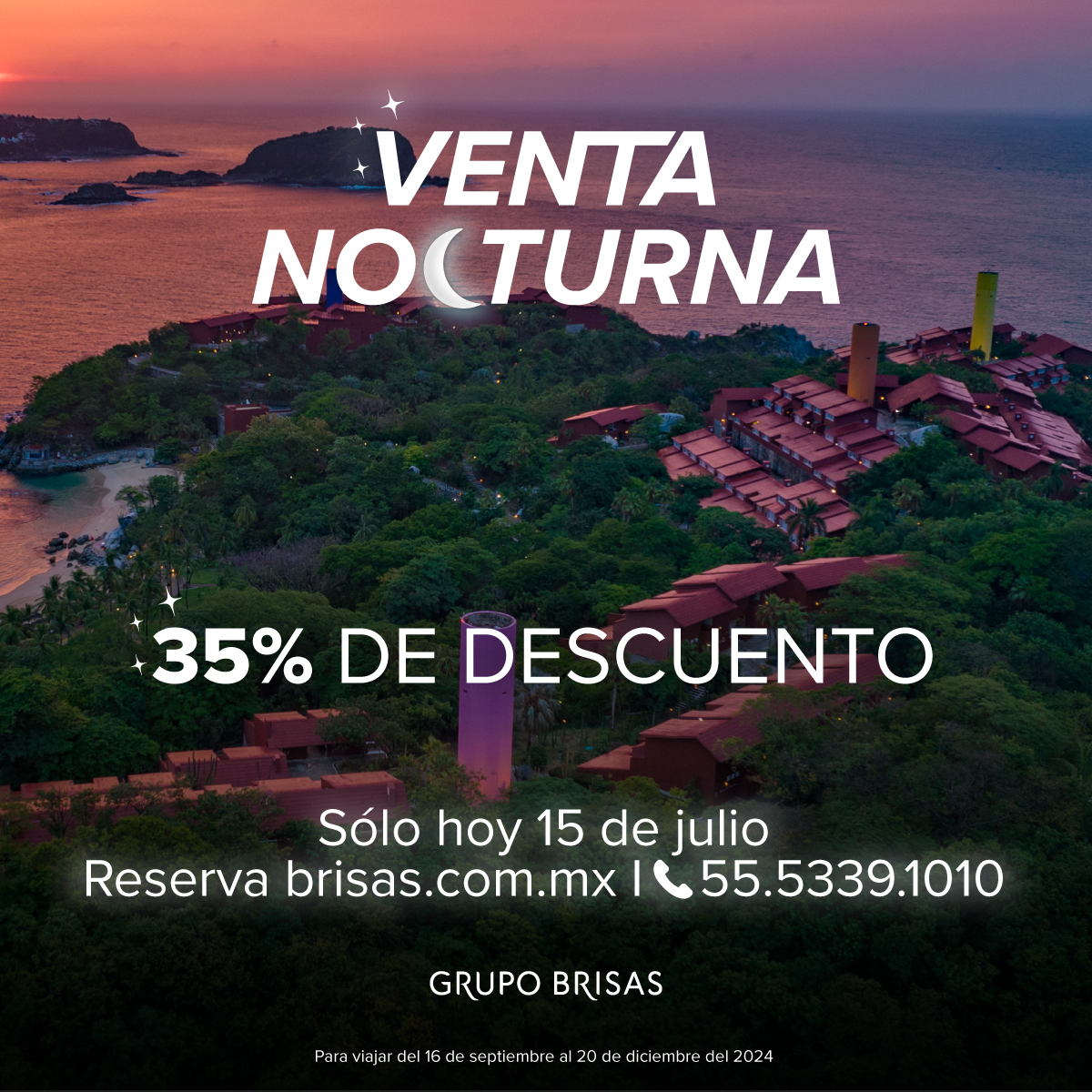 #VentaNocturna 𝗛𝗮𝘀𝘁𝗮 35% 𝗱𝗲 𝗱𝗲𝘀𝗰𝘂𝗲𝗻𝘁𝗼 para que disfrutes unas vacaciones extraordinarias en Huatulco. Reserva en reserve.brisas.com.mx/reservar/?h=4 .
#sientelabrisa