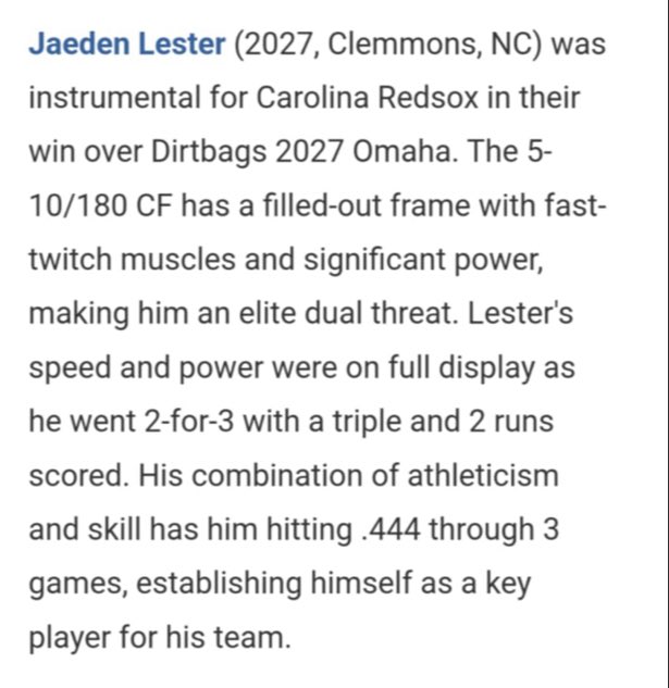 JaedenLester99's tweet photo. Great weekend playing in the PG Coastal Freshman Summer World Series in Charlotte. This weekend I pitched 6.1 innings with 12k’s and 2 walks. Also had a 💣 and a scouting report about me. https://t.co/amxJgL7SmH