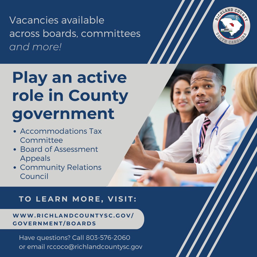 RichlandSC's tweet photo. Hello residents👋🏽! #RichlandCountySC has vacancies on multiple volunteer committees. 

Take an active role in local government!

Apply by 5 p.m. Friday, July 19. The County's Rules &amp; Appointments Committee will interview candidates.

Read more: https://t.co/gt51Cbk4Cn https://t.co/7tiSNxUQnw