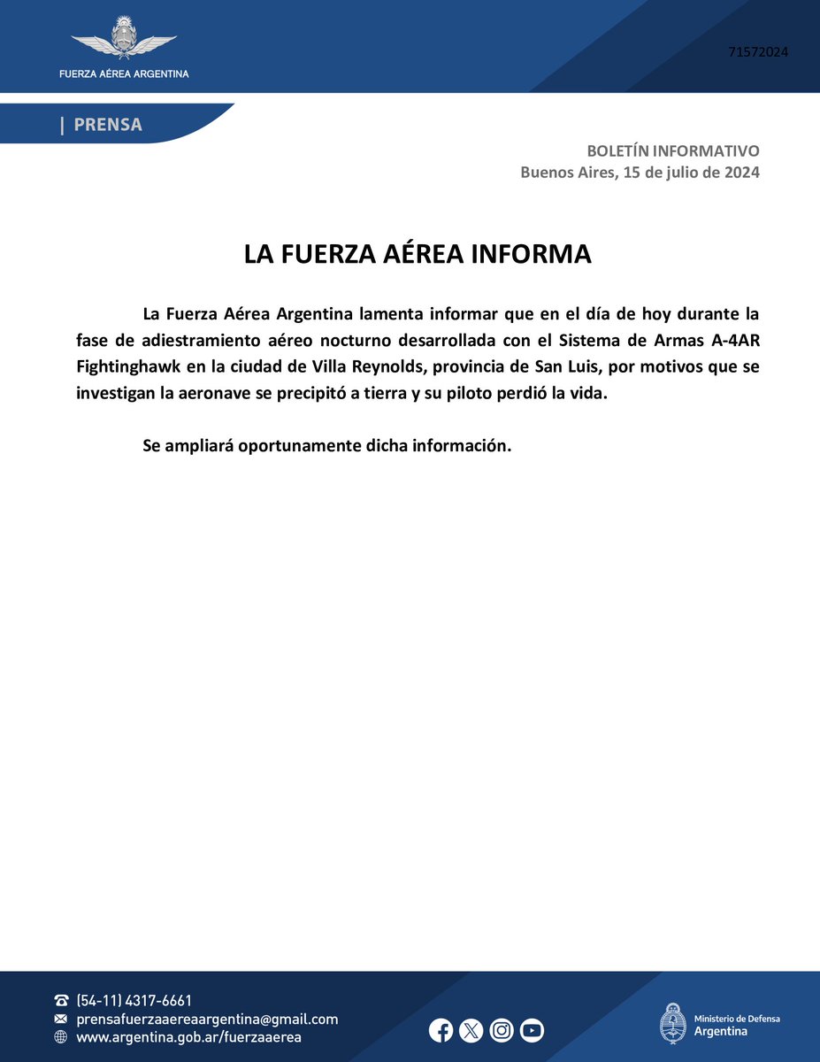 odessaprod's tweet photo. Trágico accidente en Villa Reynolds San Luis. Un jet de combate #A4AR de la #FuerzaAereaArgetina se estrelló falleciendo el piloto oficial de la F.A.A. en dicho acontecimiento. Investigación en curso. Q.E.P.D. https://t.co/cDu1a1Em0L