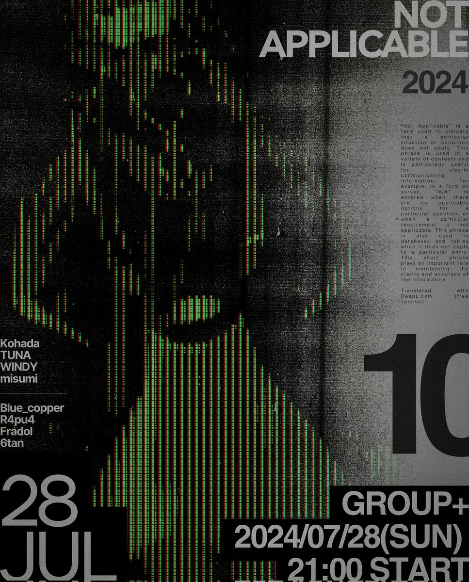 &lt;n/a&gt;vol.10 (Group+) 
2024/07/28(Sun) 21:00~

20:50 OPEN

21:00 <a href="/CuSO4_VR/">Blue_copper</a> V @kohada_tw
22:00 <a href="/65R4pu47/">R4pu4</a> V <a href="/yeah_tuna/">アトリエ・ツナ</a>
23:00 <a href="/fradol_vr/">Fradol_vr</a> V <a href="/roxwindy/">WINDY</a>
24:00 <a href="/VRC_6Tan/">‎ろくたん໒꒱.·🖤</a> V <a href="/karasimemtai/">みすみ</a>

JOINは各演者もしくは下記グループへ
vrc.group/NAVR.5639

#NotApplicable_VR