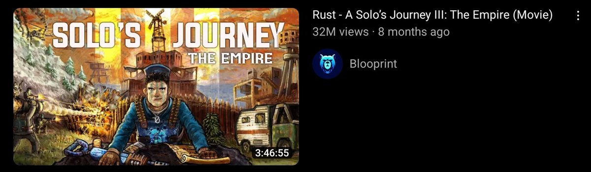 BrianFan23's tweet photo. @blooprintgames Your Solo's Journey 3 is officially the top viewed Rust youtube video ever. gratz man, well deserved https://t.co/MChznGZEH6