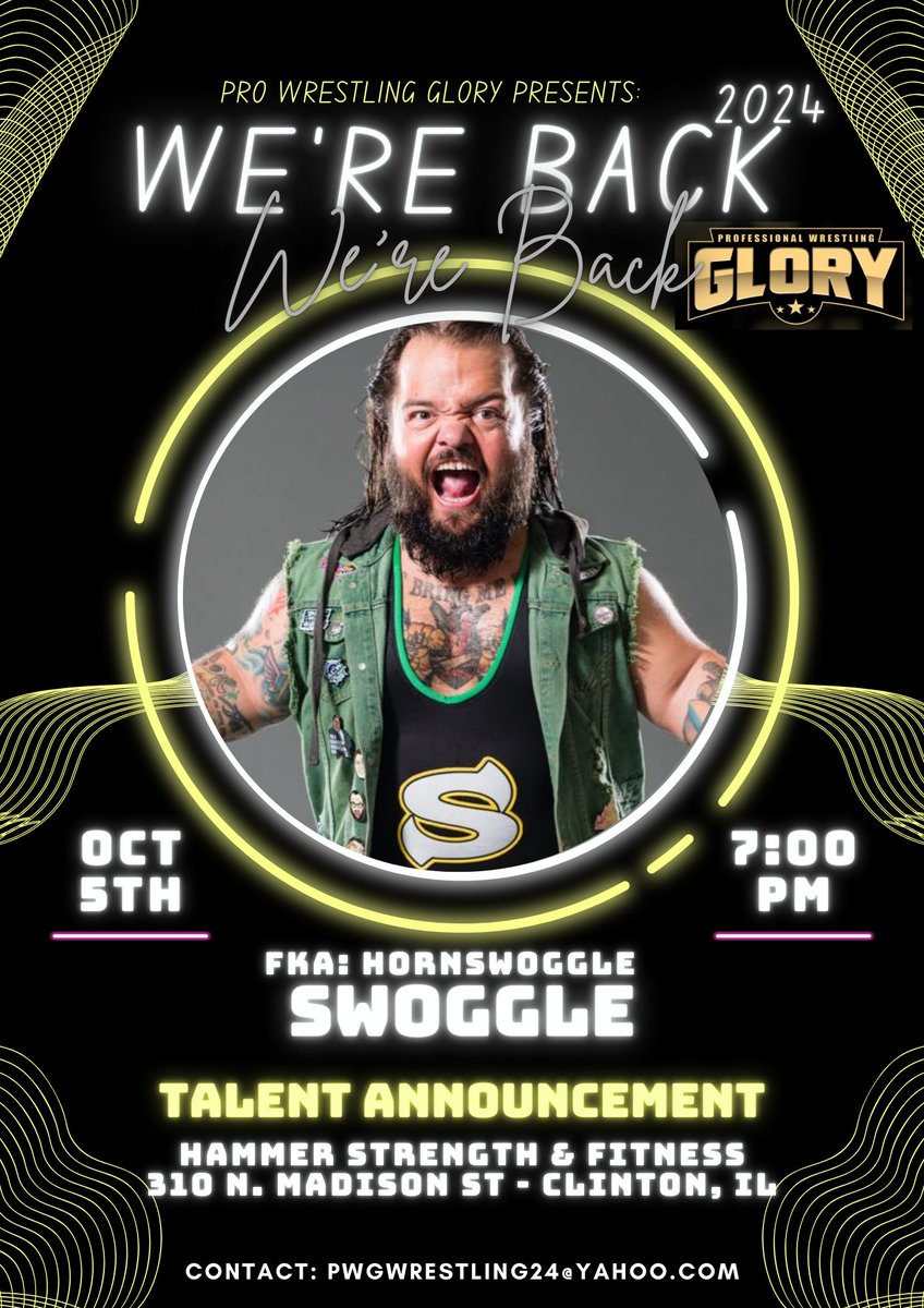 Pwg_Glory's tweet photo. ***TALENT ANNOUNCEMENT***
SWOGGLE!!!
Former WWE Superstar, Fka HORNSWOGGLE
Saturday, October 5th, 2024
Hammer Strength &amp; Fitness - Clinton, Illinois! https://t.co/rYSSWMdB7V
