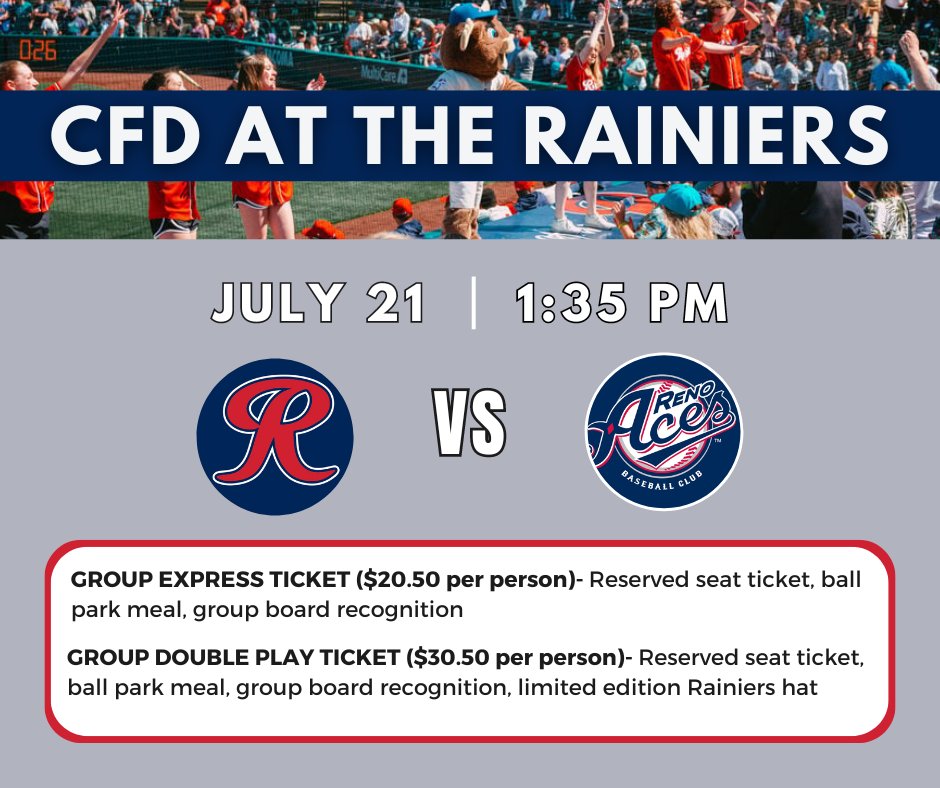 Hey baseball fans! Support the Tacoma Rainiers &amp; the CFD this Sunday at Cheney Stadium⚾❤️A portion of the special promotion tickets will go into supporting our program and member charities! 

Contact Chris Aubertin to get your tickets now:
 (253) 761-5631
CAUBERTIN@WERTACOMA.COM