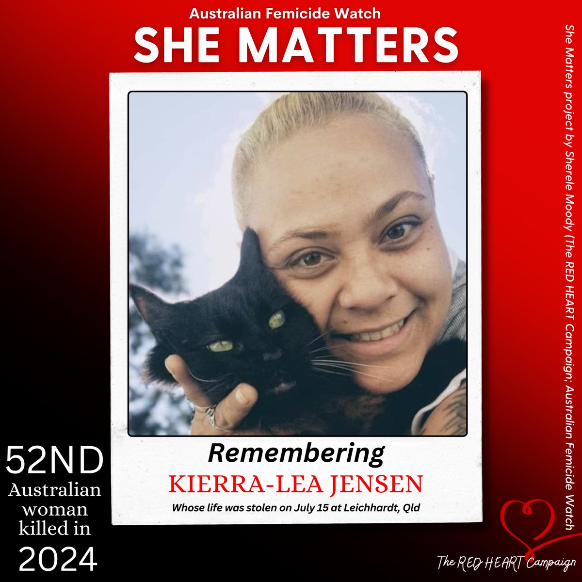 ❤️SHE MATTERS: KIERRA-LEA JENSEN!❤️

July 15, 2024: 28-year-old Kierra-lea Jensen was killed in her home at Leichardt, Qld, on Monday. Her male partner is charged with Keirra's murder. Kierra is the 52nd Australian woman killed this year.