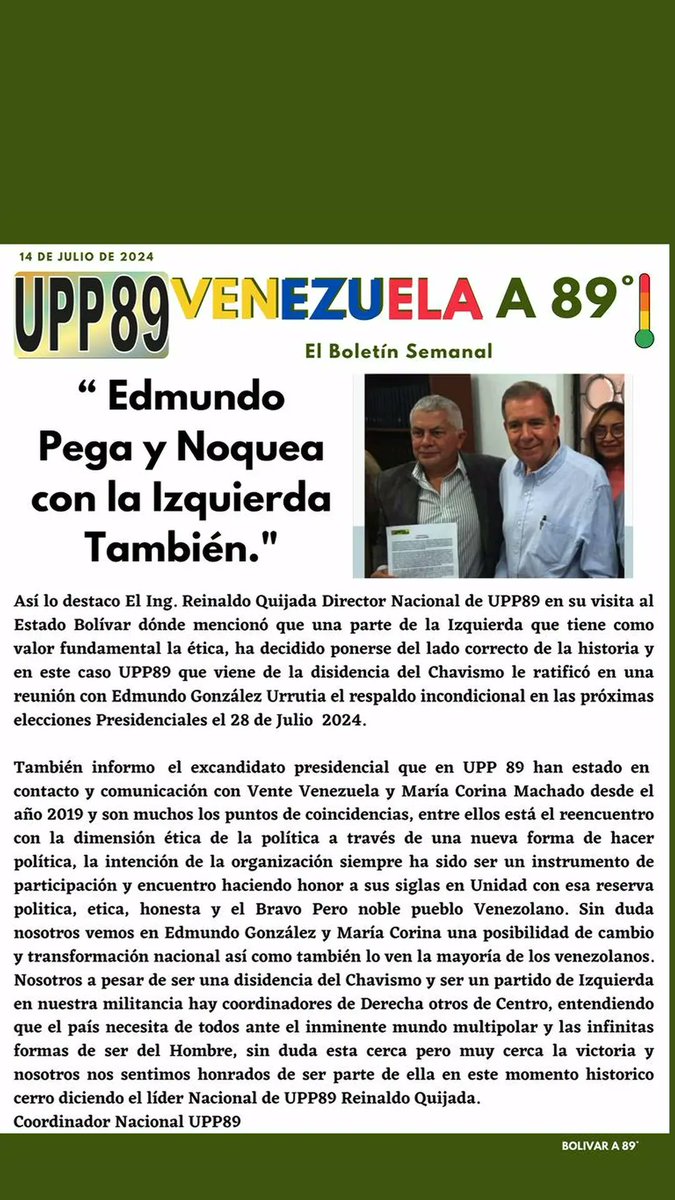 Excelente la gira de <a href="/ReinaldoQuijada/">Reinaldo Quijada</a> por el estado #Bolivar ratificando el apoyo a <a href="/EdmundoGU/">Edmundo González</a> y <a href="/MariaCorinaYA/">María Corina Machado</a> enviado un mensaje a la reserva moral y política del país nosotros vamos por la #victoria #sinmiedo vamos a #ganar <a href="/PerkinsRocha/">Perkins Rocha</a> <a href="/HONORELUIS/">Lic. Luis F. Honore</a> <a href="/Juanlinaresruiz/">Juan Linares</a>