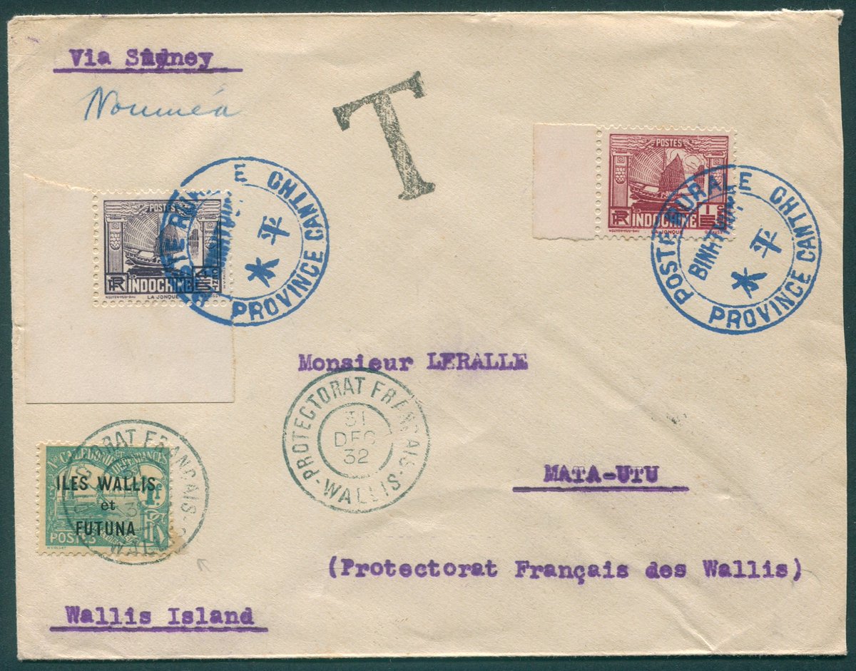 CPhilatelic's tweet photo. A colourful cover produced by André L. Leralle - Wallis &amp; Futuna 1932 1f Postage Due on an inwards cover from Cantho Cochin China https://t.co/49NhloYXP5 #eBay via @eBayAU #postalhistory #philately #timbres #philatelie https://t.co/Q7dKsjejq9