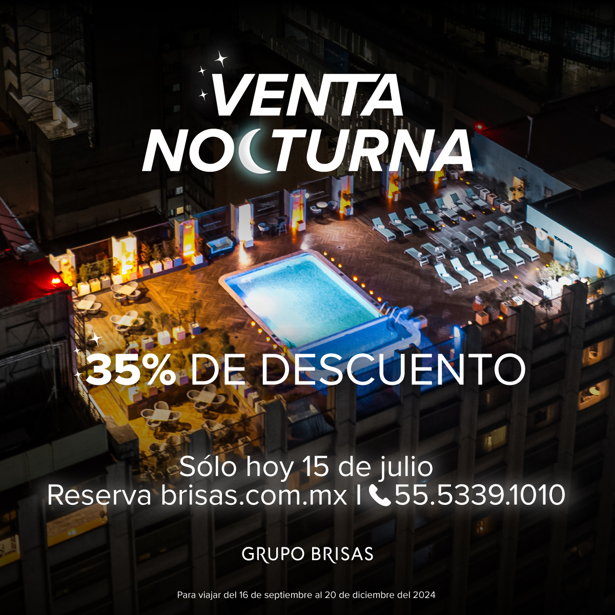 #VentaNocturna 𝗛𝗮𝘀𝘁𝗮 35% 𝗱𝗲 𝗱𝗲𝘀𝗰𝘂𝗲𝗻𝘁𝗼 🤩. Reserva en reserve.brisas.com.mx/reservar/?h=2 y vive una estancia extraordinaria en el corazón financiero de la CDMX 🏖.

#eligeelegir