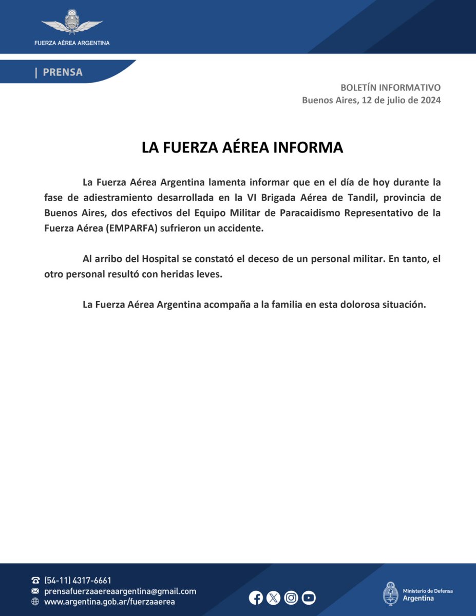 odessaprod's tweet photo. Lamentablemente pérdida que se suma a la del  Capitán Franco Sottile el pasado 12 de Julio en Tandil durante ejercicios de paracaidismo. Q.E.PD. https://t.co/GTlZPTotEJ