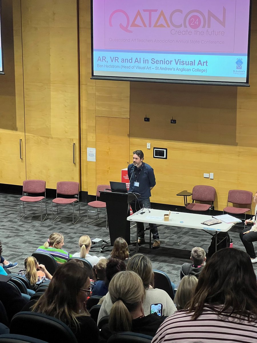 Our Head of Visual Arts, <a href="/BSHedstrom/">Ben Hedstrom</a>, sharing with Senior Visual Art teachers from across Queensland at QATACON 2024. His presentation provided a discussion of Senior Visual Art bodies of work that use digital technologies in their practice including VR and AI.