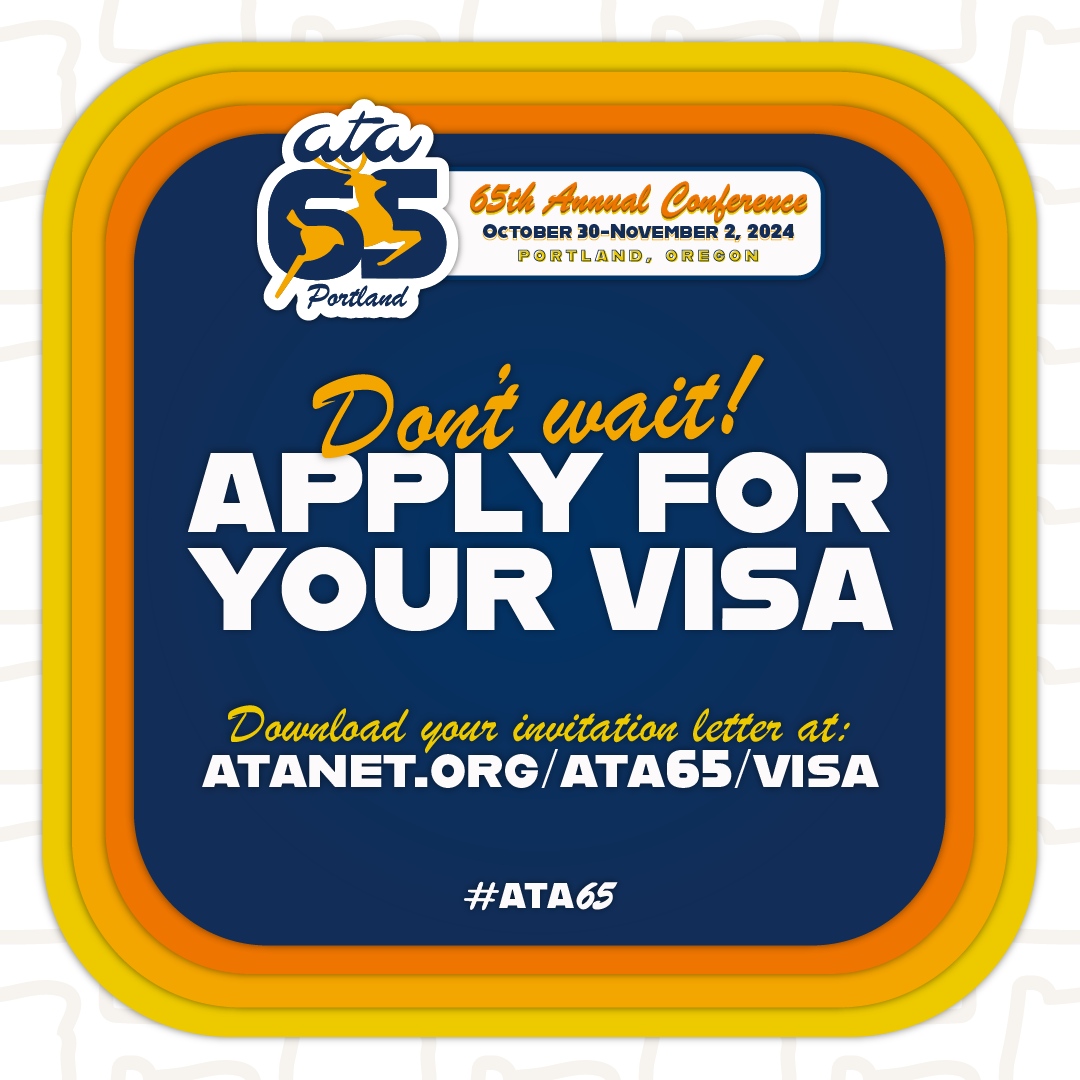 #ATA65 will be here soon. 🥳 Don't wait to apply for a visa and book your accommodations! 🏨

Get more info about visas and hotels at atanet.org/ATA65, and we'll see you there! 🦌 Registration will open at the end of July.
.
.
.
#Travel #Portland #xl8 #1nt #atanet #ata