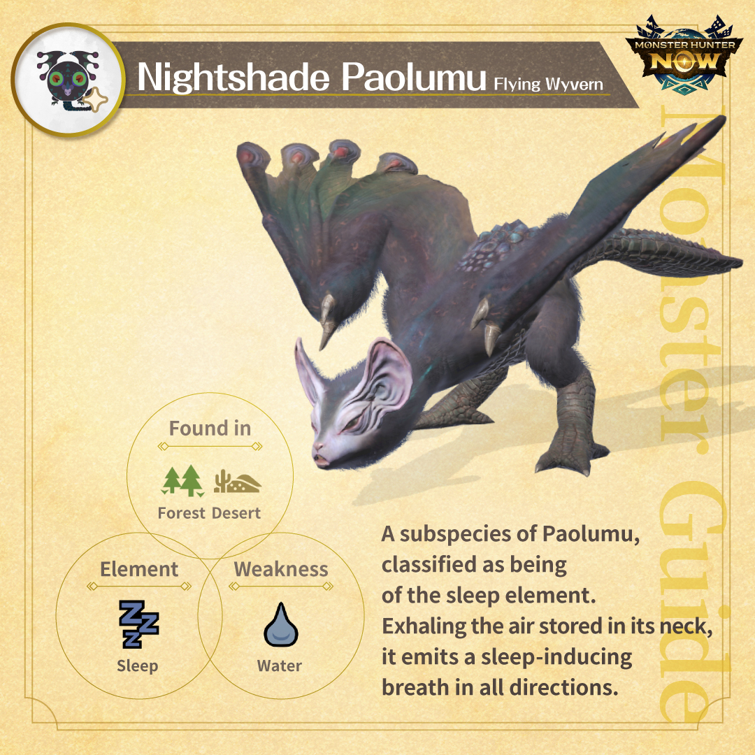 MH_Now_EN's tweet image. Beware its sleeping breath! 💤💨

#NightshadePaolumu

Watch carefully for the right time to approach.
Break the neck pouch or inflict sleep/paralysis/stun to bring it down towards the ground!

More details here 👇
monsterhunternow.com/news/nightshad…

#MHNow #MonsterGuideNow #monsterhunternow