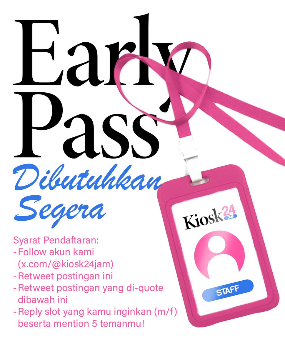 kiosk24jam's tweet photo. ㅤ

𝗟𝗢𝗞𝗘𝗥 𝗗𝗔𝗗𝗔𝗞𝗔𝗡!!
Kami membuka kesempatan bagi individu yang berdedikasi untuk bergabung sebagai bagian dari toko kami, 𝐊𝐢𝐨𝐬𝐤𝟐𝟒. Jika Anda tertarik dan memiliki keterampilan yang sesuai, silakan daftar melalui reply dibawah ini.
ㅤ
ㅤ https://t.co/Sir5flvmqg