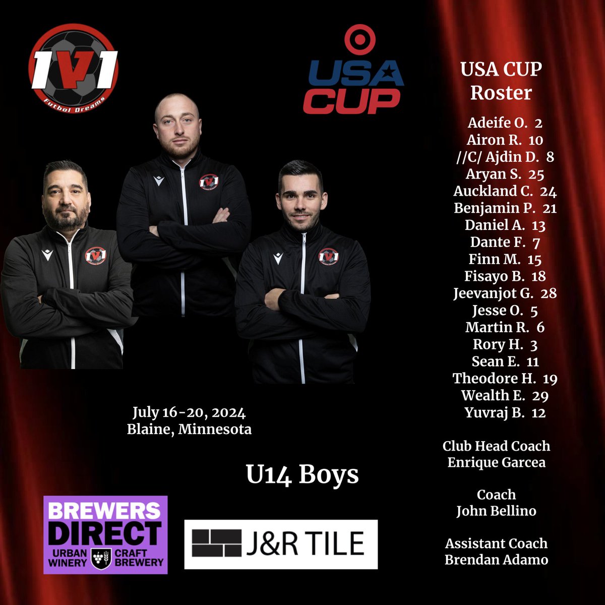 1v1futboldreams's tweet photo. We are pleased to present to you our USA Cup rosters for the week of July 16 - 20
A special thank you to our Platinum Sponors Brewers Direct & JandR Tile.
Tomorrow July 16 is the first day of games for all 3 teams 🇨🇦Vamos!
#winnipeg #manitoba #to #blaine #minnesota #usacup 🇺🇸 https://t.co/6FHpBCX21S