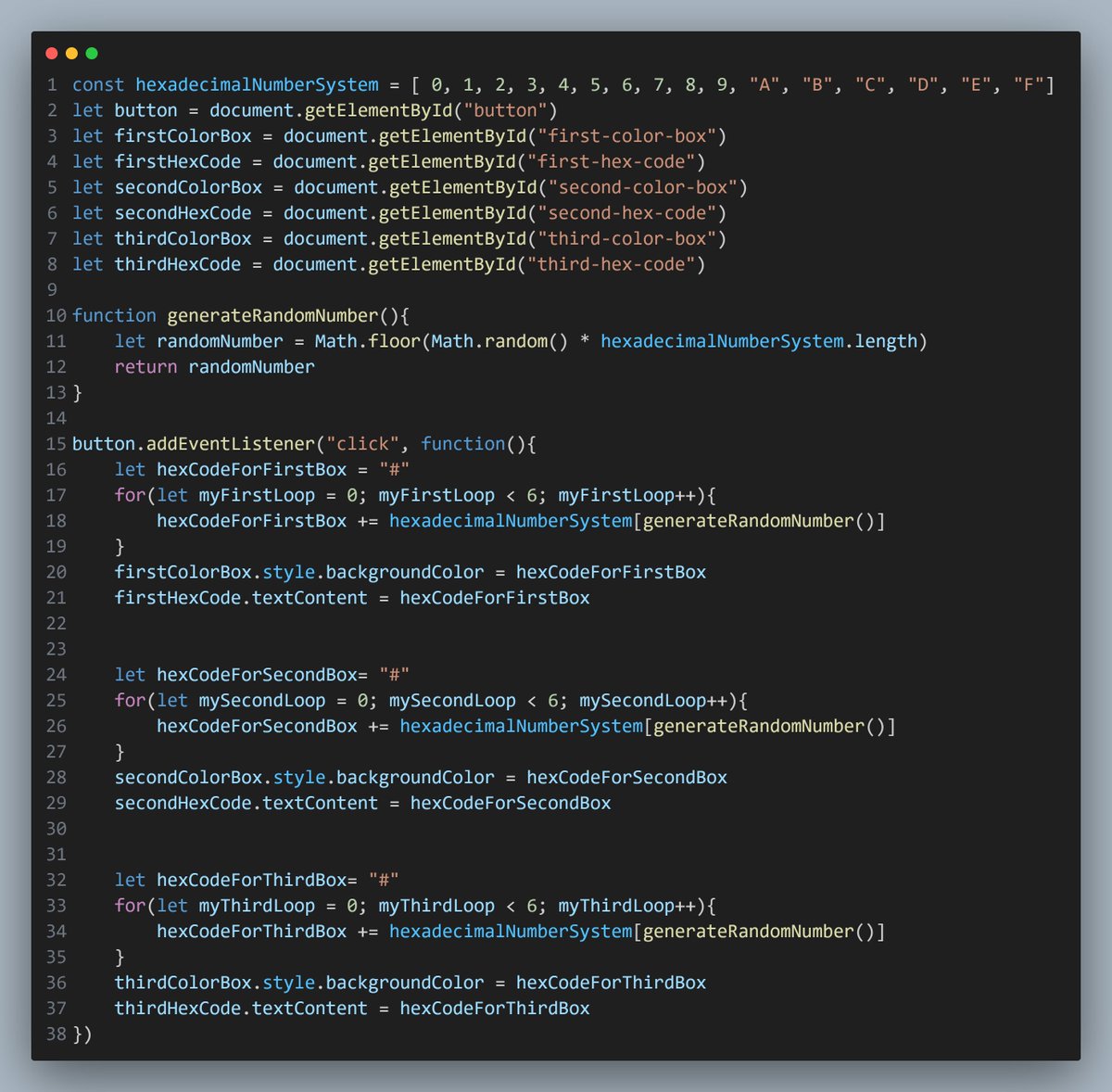 Ahyam_ibinabo's tweet photo. Day 48 of Learning JavaScript with @devanddesignhq
*Building a Color Generator.
#javascript https://t.co/ISa5PYPHlS