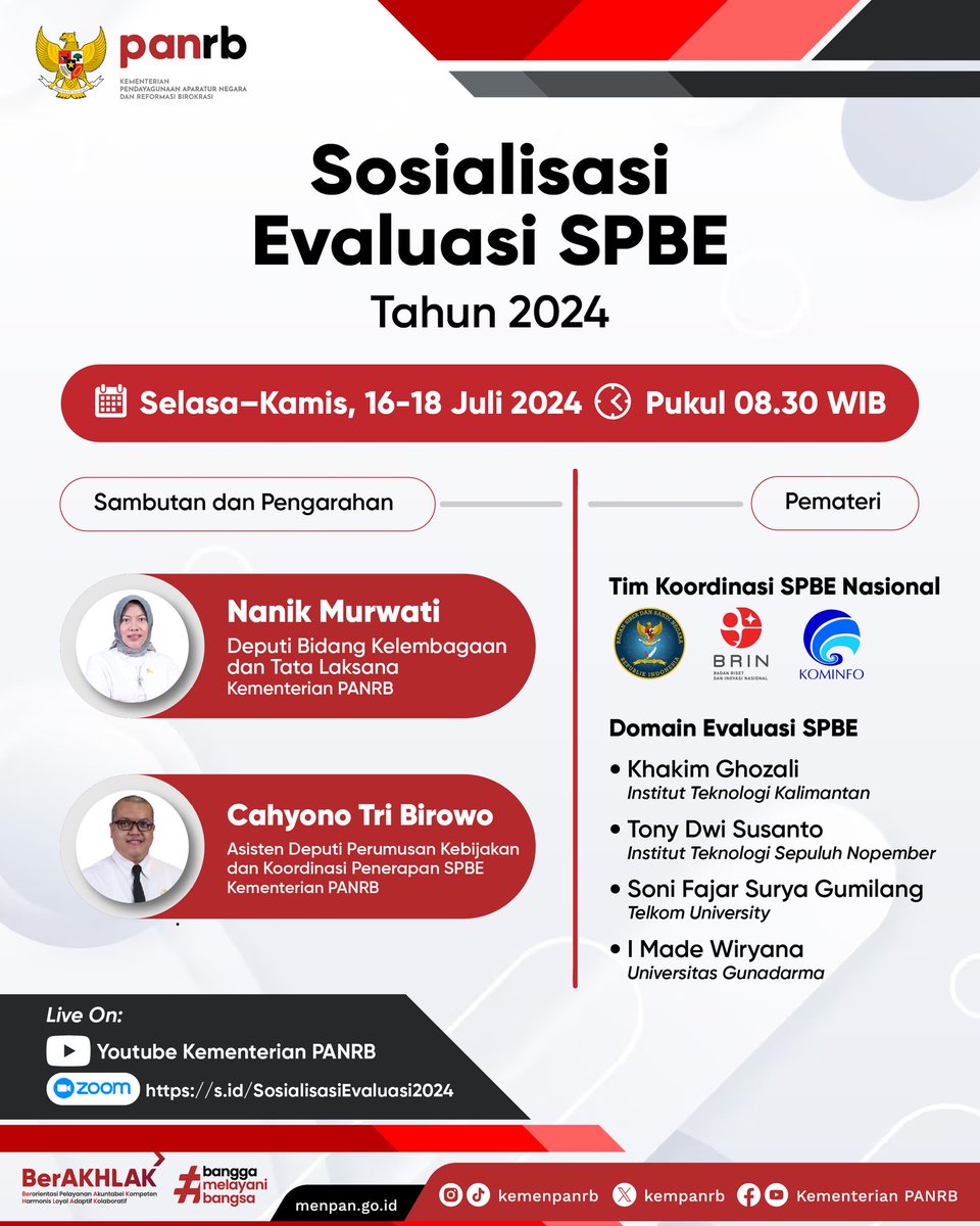 kempanrb's tweet photo. #RekanASN, evaluasi Sistem Pemerintahan Berbasis Elektronik (SPBE) tahun 2024 akan dilakukan. 

Ikuti sosialisasinya di kanal Youtube kami, pada Selasa-Kamis (16-18 Juli 2024) pukul 08.30 WIB.
__
#SPBE
#EvaluasiSPBE https://t.co/7R6PP3w2Pu