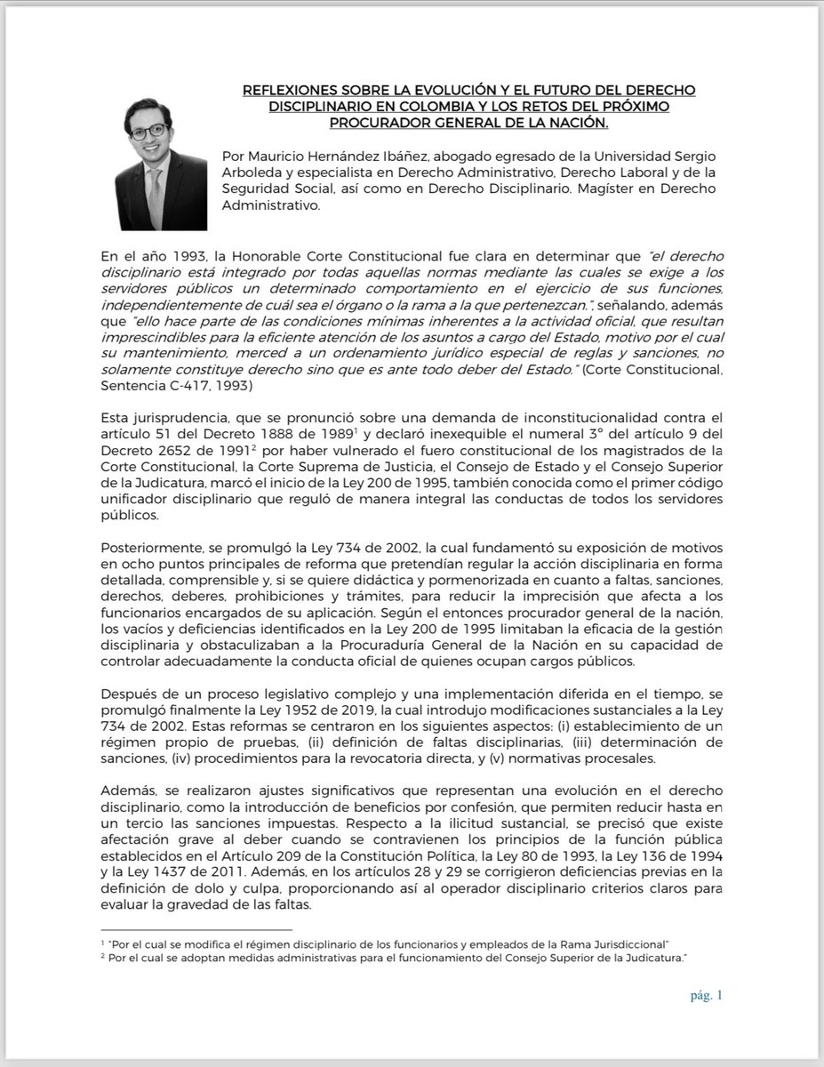 MauricioHdezI's tweet photo. ✍️ Reflexiones sobre el futuro del derecho disciplinario en Colombia y los retos del próximo Procurador General: 

Desde la Ley 200 de 1995 hasta la Ley 1952 de 2019 y los ajustes de la Ley 2094 de 2021 para adoptar el fallo de la Corte IDH en el caso Petro Urrego vs. Colombia. https://t.co/PEK6C2R2OL