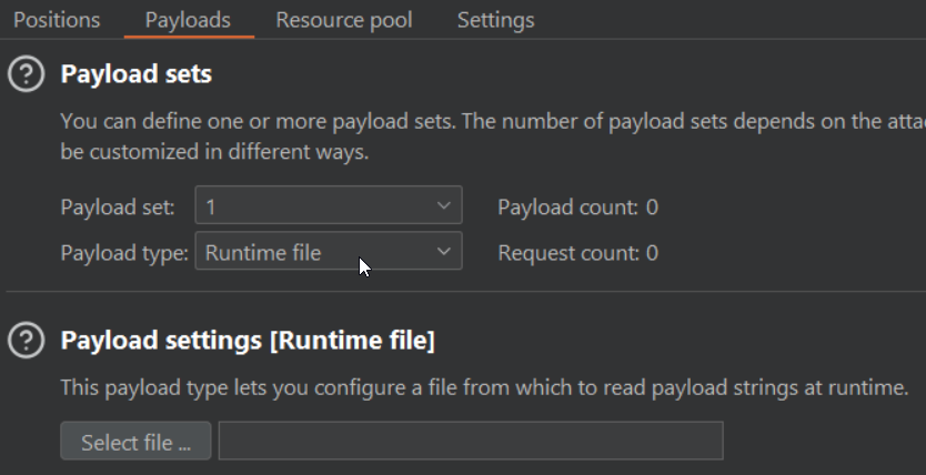 xnl_h4ck3r's tweet photo. Thanks to @DanaEpp newsletter for this tip...
When configuring a Burp Intruder attack, loading a huge wordlist or payload database directly in the UI using "simple list" can consume a lot of  memory.
But you can use "Runtime file" instead, bypassing preload &amp; memory constraints! https://t.co/YuosGMBKLM