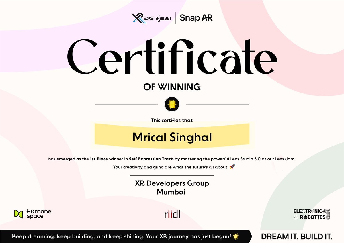 Mrical7's tweet photo. Hey folks 😁, I attended Lens Jam event by @xdgmumbai  x @SnapAR at IITB 

Here I got 1st 🥂position in SE Track,
Thanks to 🙌 jury  @charmaine_klee , @Harshavatrx 

Met Organisers/Mentors 😍 @krazyykrunal  @JeeteshSingh209 @pranjal_nahata 

We had a session by 😎 Mr @j_srivatsan https://t.co/j6t9b8c7mh