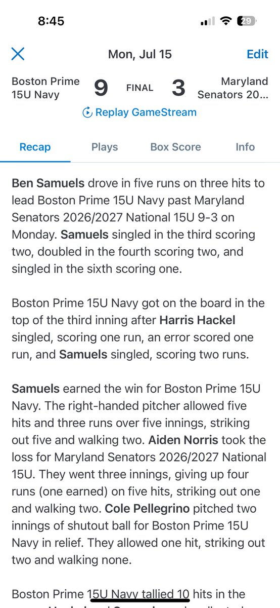 Prime Baseball (@bostonprimebb) on Twitter photo Great win for the 15U navy at <a href="/PerfectGameUSA/">Perfect Game USA</a> WWBA in GA.
<a href="/BenSamuels_4/">Ben Samuels</a> lead the way with 3 hits, 5 rbi, and 5 strong on the mound.
<a href="/hackel_harris/">Harris hackel</a> added 3 hits of his own. Great win for the 15U navy at <a href="/PerfectGameUSA/">Perfect Game USA</a> WWBA in GA.
<a href="/BenSamuels_4/">Ben Samuels</a> lead the way with 3 hits, 5 rbi, and 5 strong on the mound.
<a href="/hackel_harris/">Harris hackel</a> added 3 hits of his own.