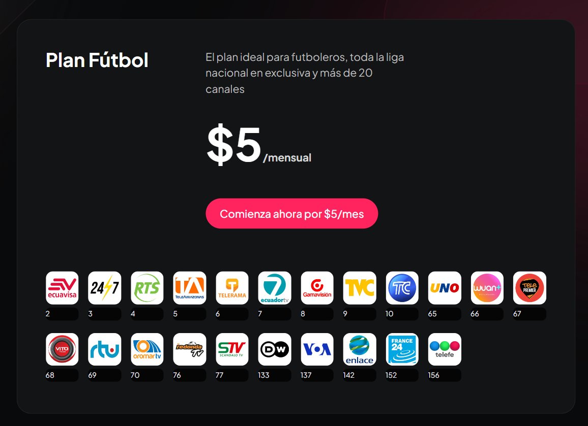 Puntaje_Ideal's tweet photo. 🚨 Según esta filtración, Zapping (empresa chilena que ofrece servicios de TV por internet) llegará a Ecuador 🇪🇨 y ofrecerá los partidos de la Liga Pro 🇪🇨 tras un acuerdo con Xtrim.

⚽ El "Plan Fútbol" costaría 5 dólares por mes y se podría ver en hasta cinco dispositivos de manera simultánea en la red de tu hogar.

❌ Aún no hay anuncio oficial al respecto.