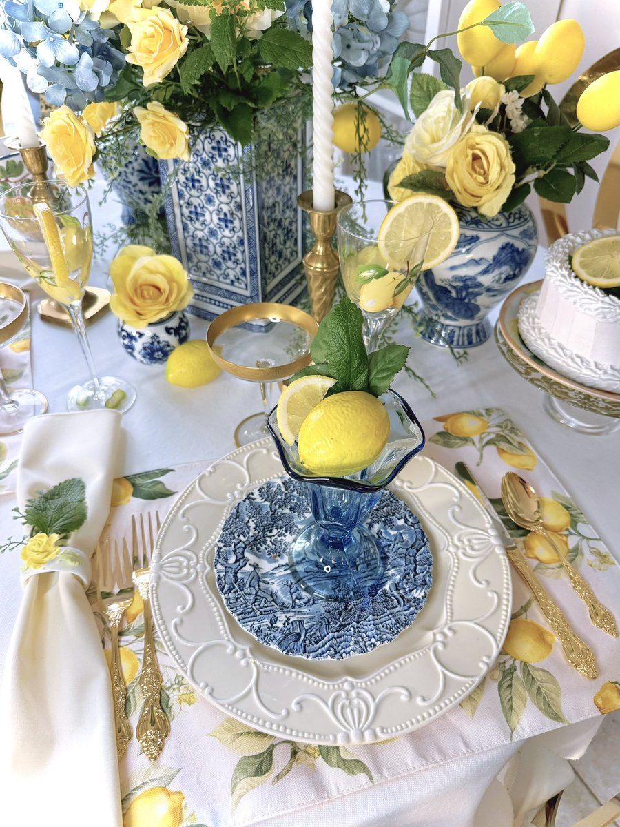 My #Amalfi  Inspired #Tablescape with the Mediterranean’s captivating azure blues along side pretty lemon sunlit yellows! ✨💙🍋🍽️🥂🍋💙✨
Just a little nod to the breathtaking beauty &amp; Mediterranean charm of the #Amalficoast in Italy.☀️Buon Appetito!🍋
#LemonDecor #SummerDecor