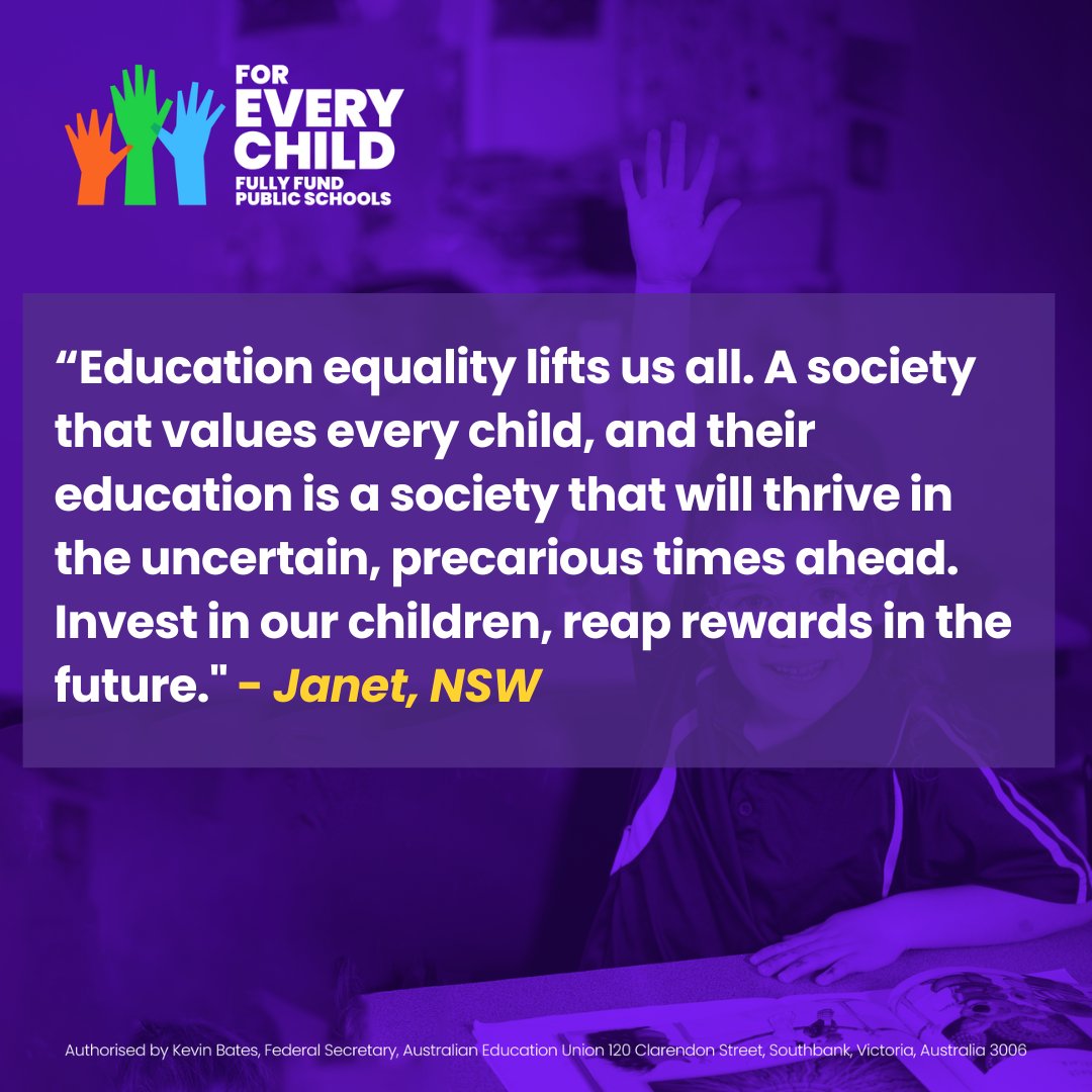 We're for a country where any child, no matter where they live, can receive a top-quality education at their local public school, but to do this we need fully resourced schools so that teachers can focus on what they do best - teaching our future leaders.
#ForEveryChild #auspol