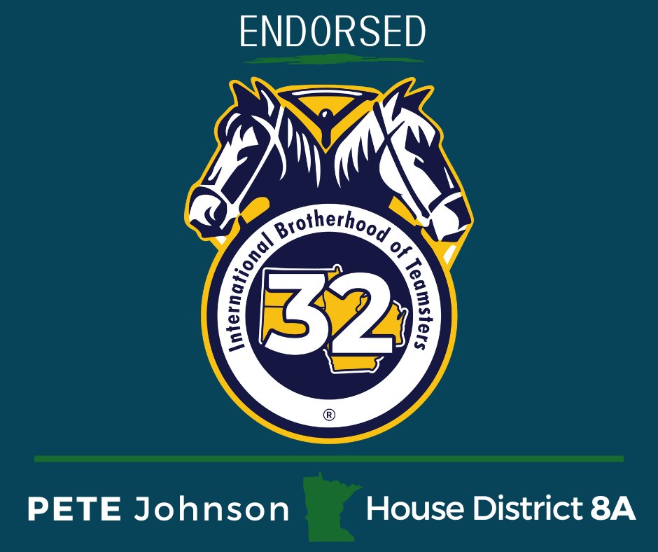 🚨🐴Teamsters Endorsement🐴🚨
Thank you Joint Council 32 for the
endorsement and support! The Teamsters organize and
represent workers throughout the public and private
sectors and I am honored to have their support.
#Teamsters
#VoteforPetesSake
#MN8A
#MNLeg
#labor 
#Union
#Vote