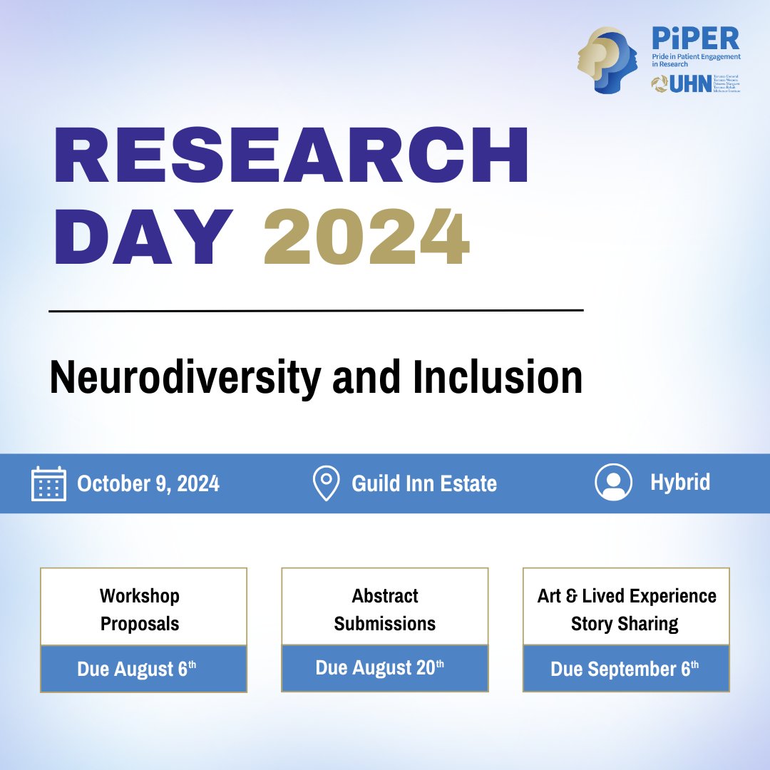 Join us for the hybrid PiPER Research Day 2024, as we explore #Neurodiversity and #Inclusion in #patientengagement. Engage in keynotes, workshops, poster sessions, an art exhibit and more! Don't miss out! Submissions are open. More info: site.pheedloop.com/event/PiPER202…