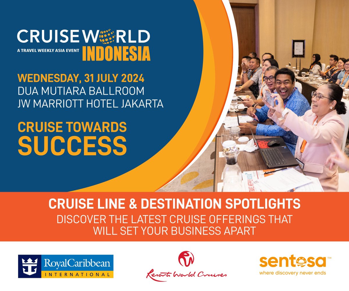👉 CruiseWorld Indonesia 2024 programme is now ready! buff.ly/4bGcMM6 

🎫Register now to secure your seat, buff.ly/3RKksWe 

 🔗For more information, visit buff.ly/3RJS9am 

#TWA #CWI2024 #events #conferences #cruises #cruisebusiness #networking #Jakarta