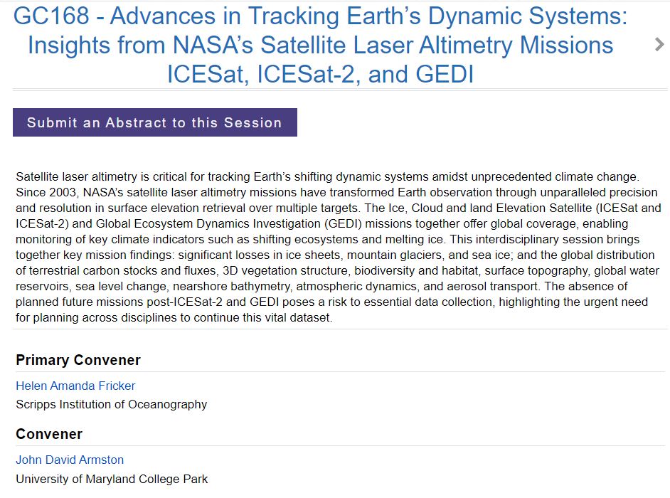 Lin Xiong (@lin_umd) on Twitter photo This year we have a combined session for GEDI and ICESat-2, by @helenafricker <a href="/ArmstonJohn/">John Armston</a> ! All are encouraged to submit an abstract! <a href="/GEDI_Knights/">GEDI</a> <a href="/NASA_ICESat2/">ICESat-2</a> <a href="/theAGU/">AGU (American Geophysical Union)</a>
agu.confex.com/agu/agu24/prel… This year we have a combined session for GEDI and ICESat-2, by @helenafricker <a href="/ArmstonJohn/">John Armston</a> ! All are encouraged to submit an abstract! <a href="/GEDI_Knights/">GEDI</a> <a href="/NASA_ICESat2/">ICESat-2</a> <a href="/theAGU/">AGU (American Geophysical Union)</a>
agu.confex.com/agu/agu24/prel…