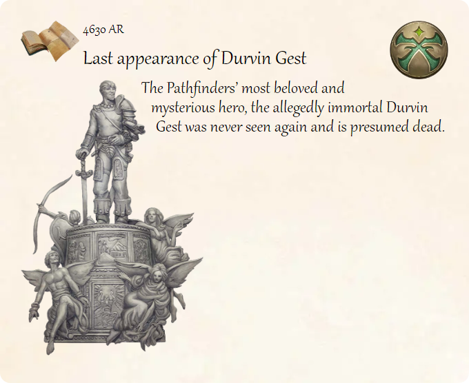 GolarionToday's tweet photo. 4630 AR: Last appearance of Durvin Gest
#DurvinGest #PathfinderSociety #4630AR
https://t.co/PeyoIUS0DB
The Pathfinders’ most beloved and mysterious hero, the allegedly immortal Durvin Gest was never seen again and is presumed dead. https://t.co/F9QURoX5IM