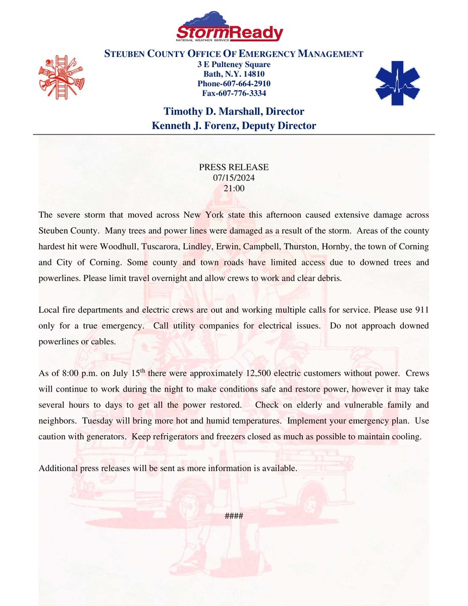 SteubenEmo's tweet photo. Steuben County Office of Emergency Services Press Release #1  07/15/24 2100HRS https://t.co/uyzQJreGcK https://t.co/WTqd0wHvEl
