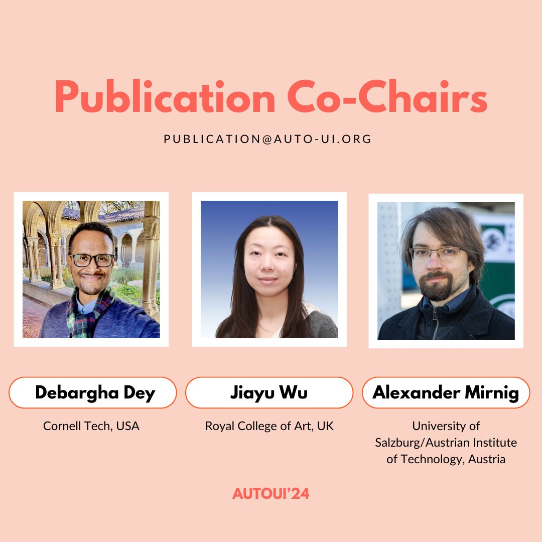 AutomotiveUI's tweet photo. ✨Here are our Publication Co-chairs: Debargha (Dave) Dey, Jiayu (Zoe) Wu, and Alexander Mirnig 😎 #AutomotiveUI24!!!✨Thank you so much for your work! 🚗 🙌 https://t.co/w8fIGBl8US