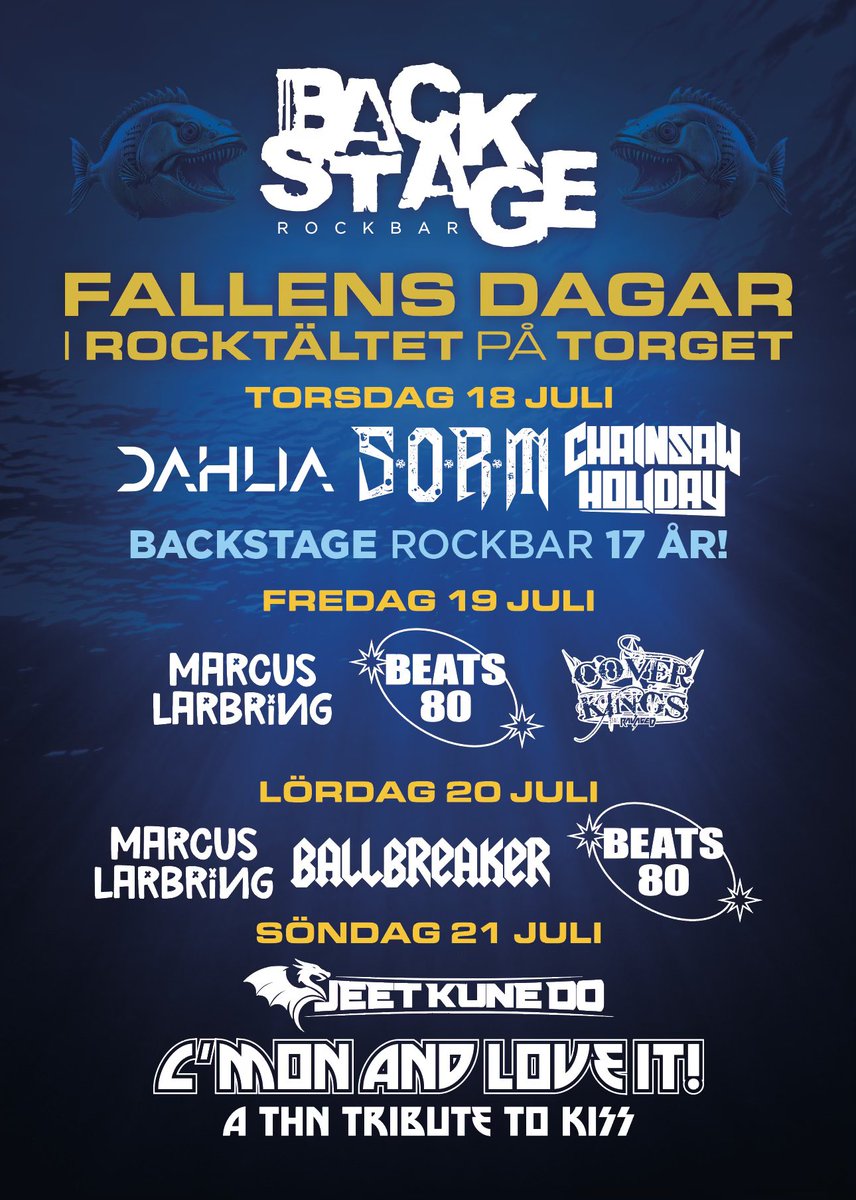 Sweden’s oldest city festival is coming up! You will find our stage at the main square in Trollhättan 18th to 21st of July - Beer tent - LIVE Music - Burgers - Outdoor seating - Great Atmosphere - WELCOME !!
#fallensdagar #trollhättan #Backstagerockbar