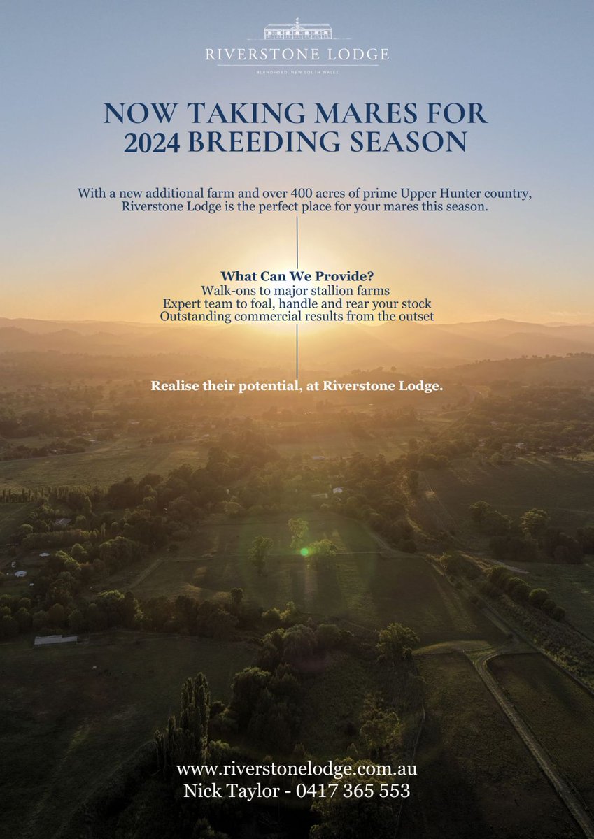 TTRAusNZ's tweet photo. 🔵 Now taking mares for 2024 breeding season

With a new additional farm and over 400 acres of prime Upper Hunter country, Riverstone Lodge is the perfect place for your mares this season.

What Can We Provide?
✨ Walk-ons to major stallion farms
✨ Expert team to foal, handle and rear your stock
✨ Outstanding commercial results from the outset

@Nick_Taylor89
➡️ https://t.co/8MBX22RGB7